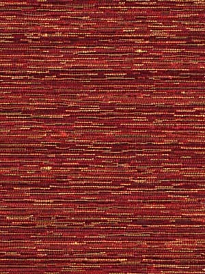 Woven red upholstery fabric with thin gold and orange horizontal streaks; rustic striped textile.