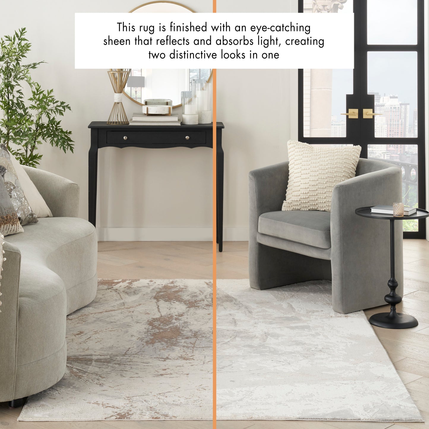 Two-tone living room rug with a sheen; left beige patterned, right ivory plain, framed by gray chairs and a black console.