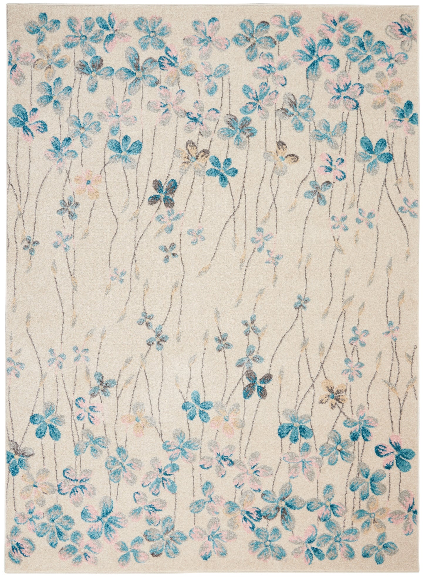 Beige rug with a delicate cascade of blue and pale pink flowers on slender gray stems for a soft, decorative floral look.