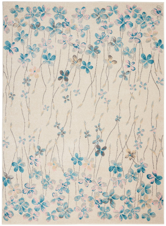 Beige rug with a delicate cascade of blue and pale pink flowers on slender gray stems for a soft, decorative floral look.