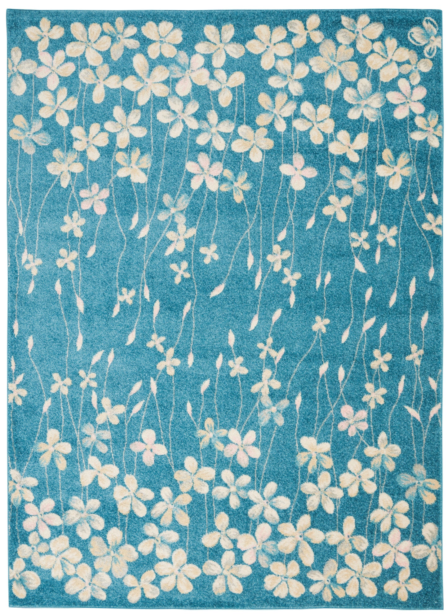 Turquoise-blue area rug with cream floral vines, soft tufted pile, rectangular, perfect for living rooms.