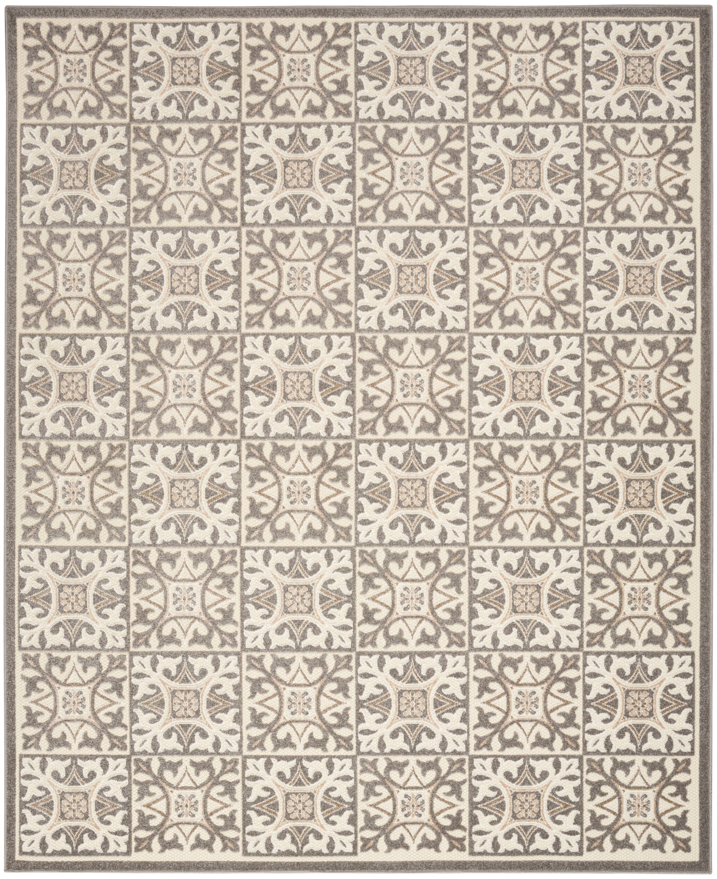 Beige and taupe patterned area rug with repeating tile motifs and a subtle brown border.