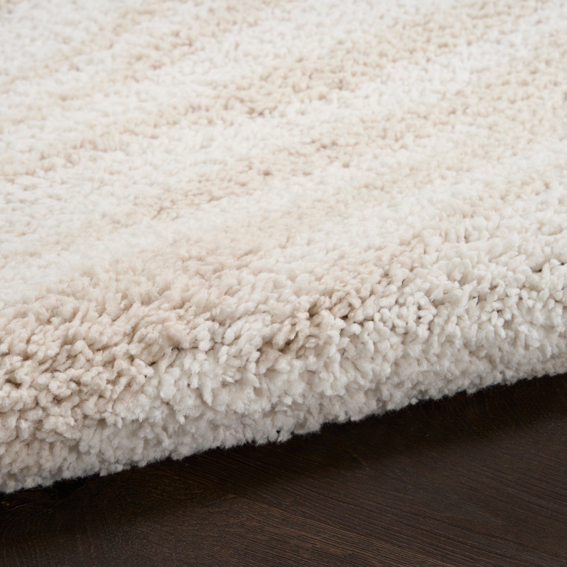 Ivory shag rug with fluffy pile on dark wood floor.