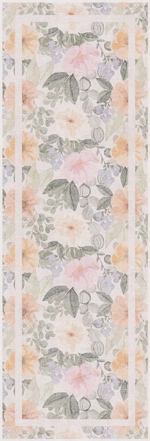 Floral runner rug with peach, pink and lavender blossoms, gray-green leaves, and pale peach borders.