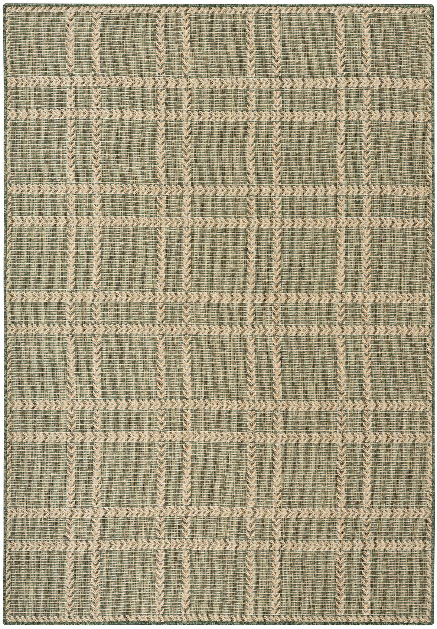 Woven green and beige rug with a geometric grid pattern and braided border.