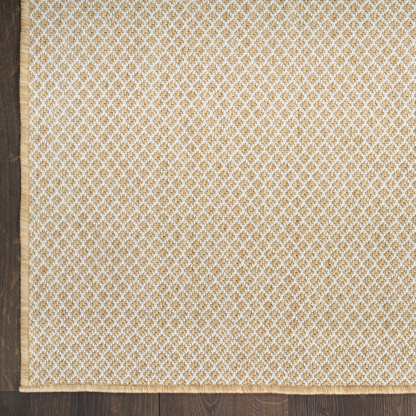 Beige rectangular rug with a tan braided border along the bottom edge on a dark wooden floor.