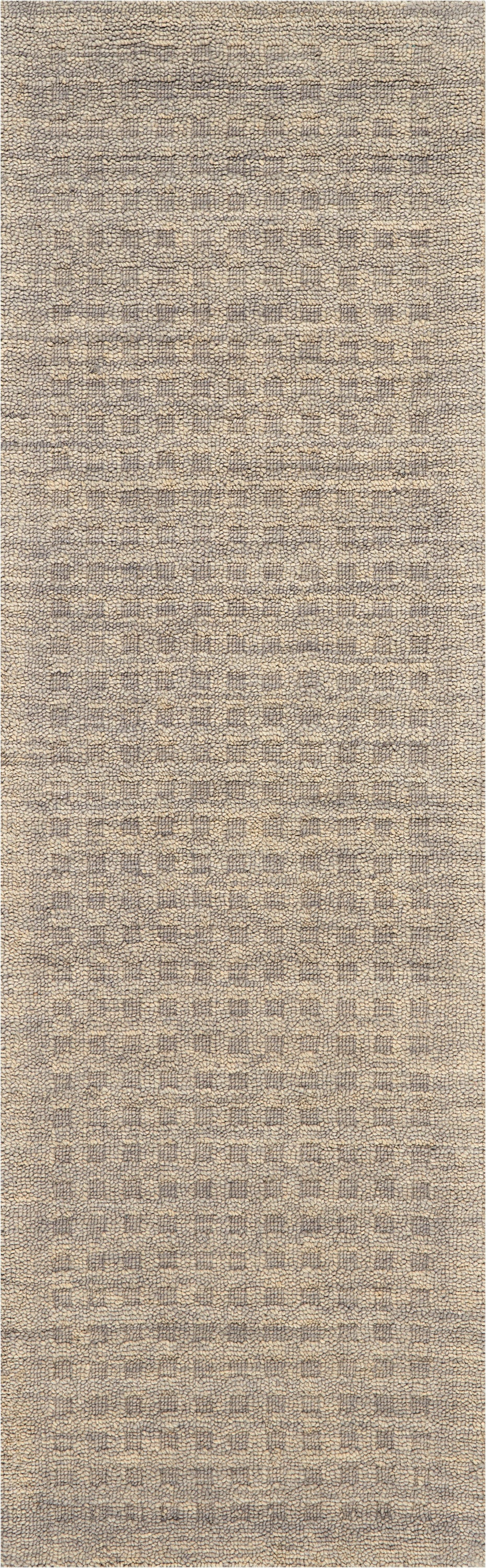 Beige-taupe woven runner rug with subtle geometric grid pattern and looped texture.