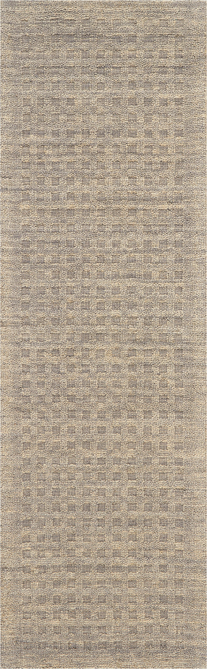 Beige-taupe woven runner rug with subtle geometric grid pattern and looped texture.