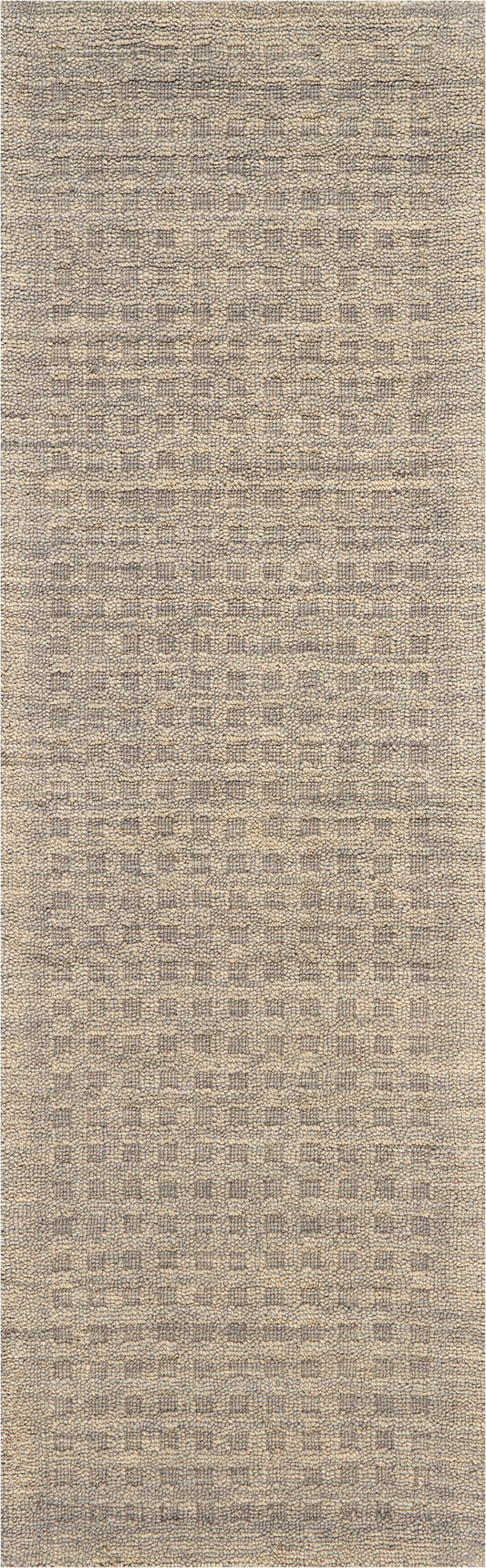 Beige-taupe woven runner rug with subtle geometric grid pattern and looped texture.