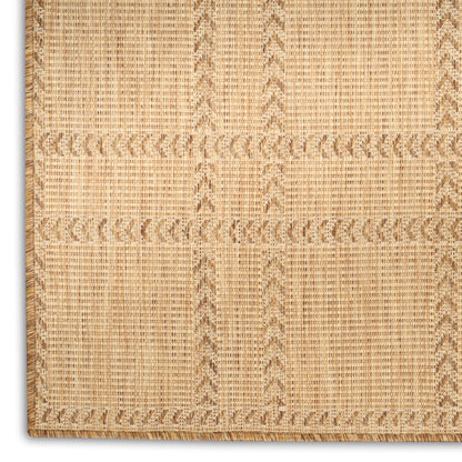 Beige woven jute rug with subtle plaid grid pattern and braided border.