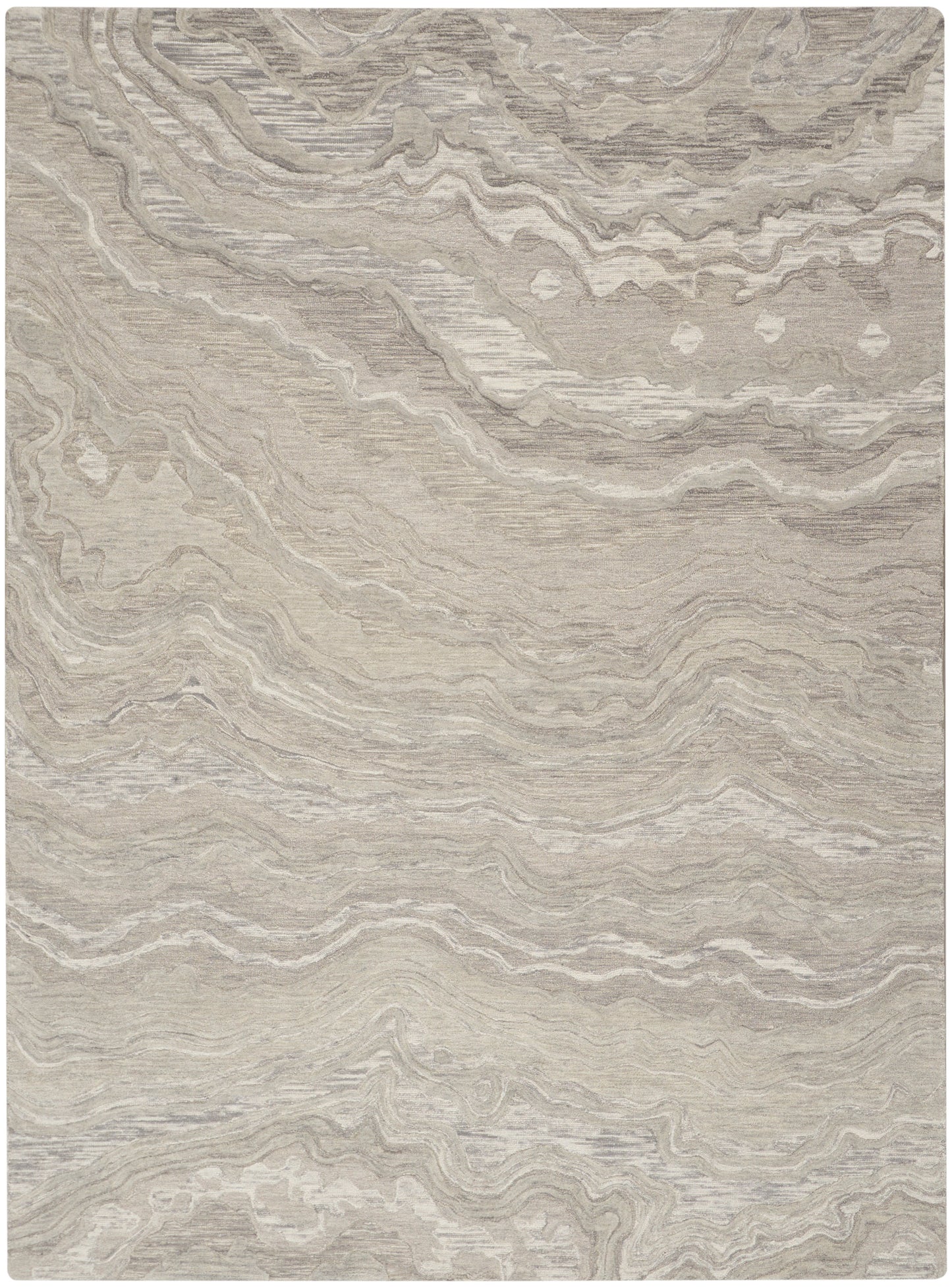 Beige taupe marbled area rug with flowing gray waves; soft woven texture for living room or bedroom decor.