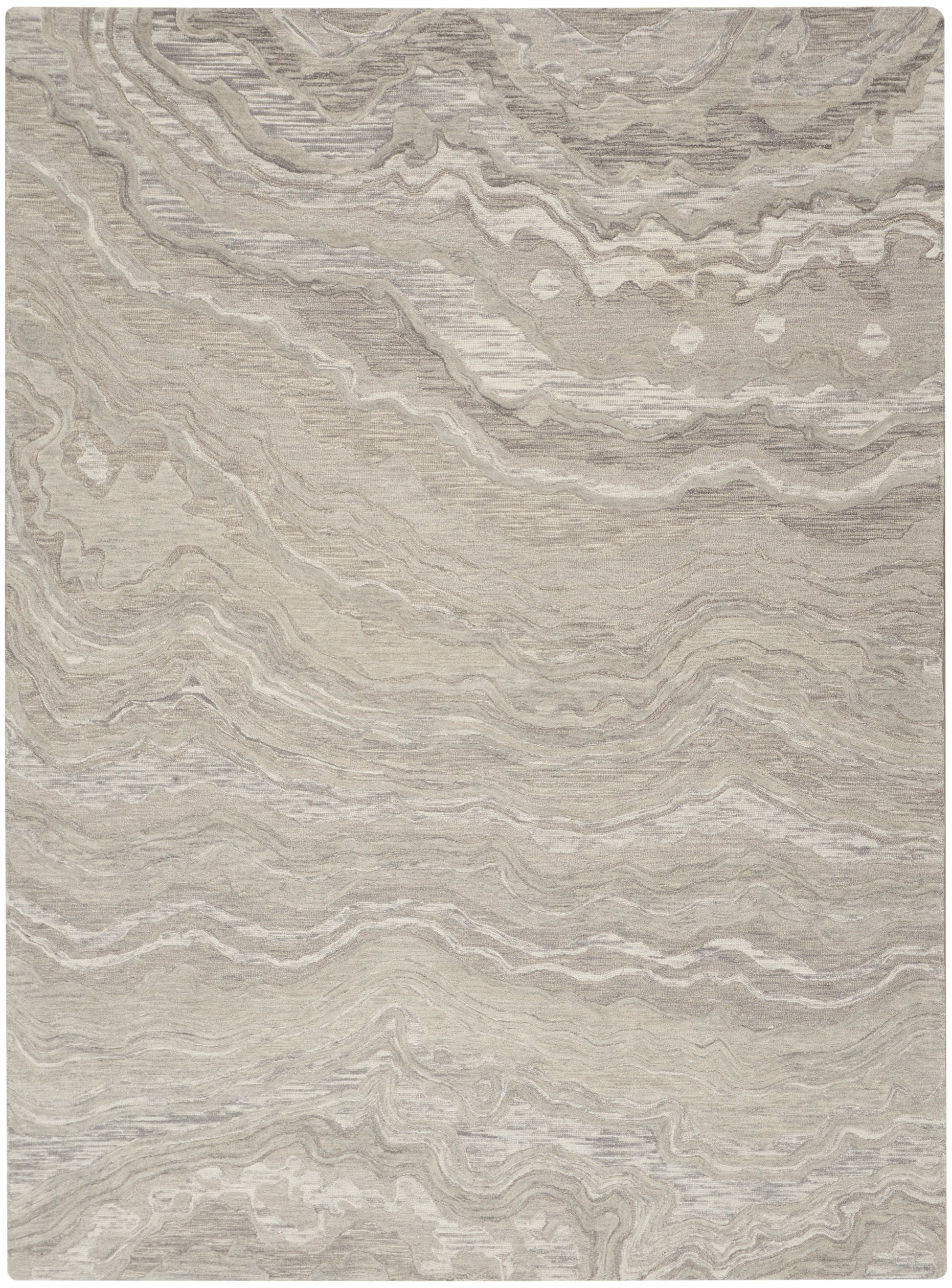 Beige taupe marbled area rug with flowing gray waves; soft woven texture for living room or bedroom decor.