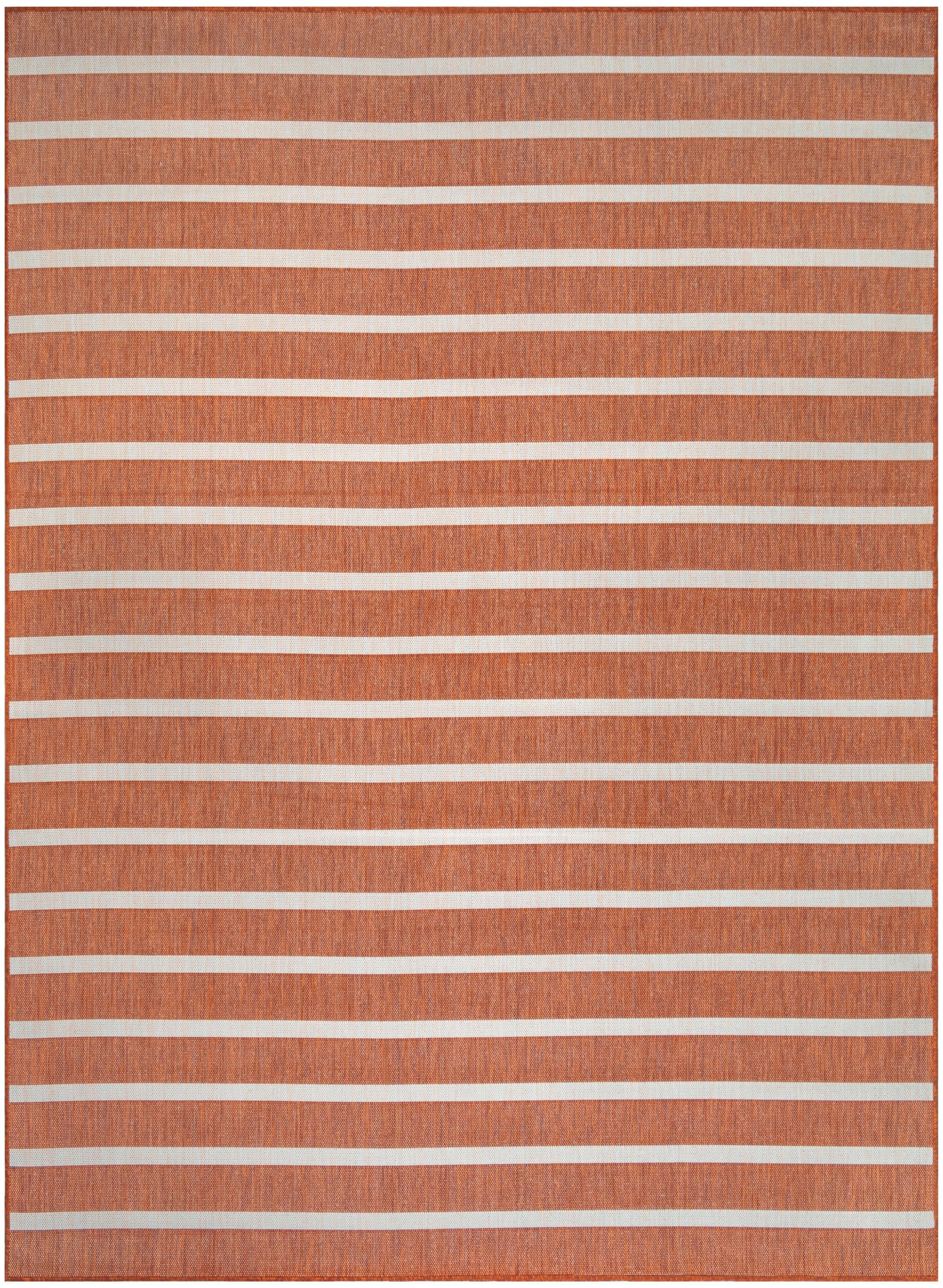 Rust-orange rug with white horizontal stripes, woven texture, rectangular area rug.