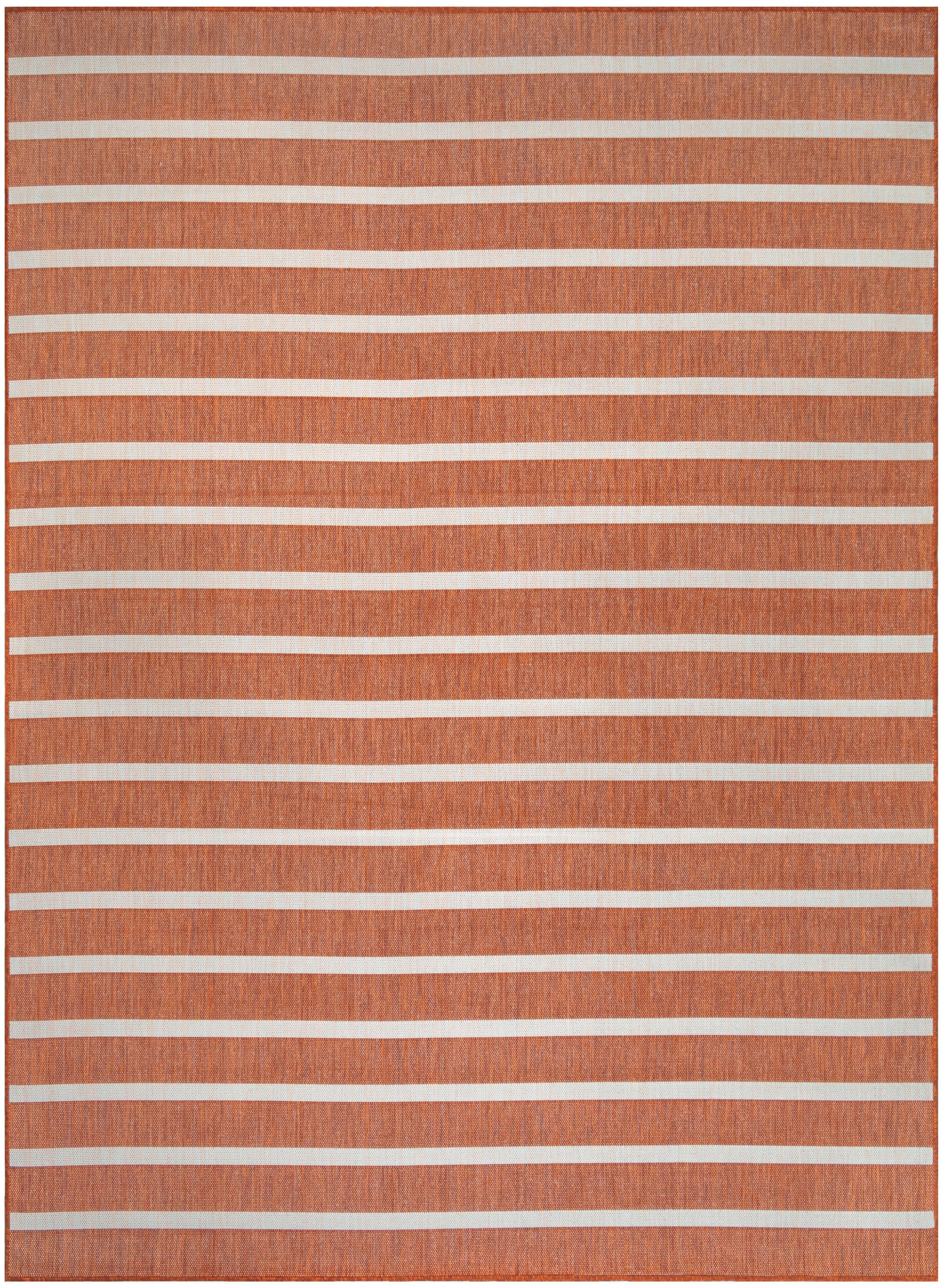 Rust-orange rug with white horizontal stripes, woven texture, rectangular area rug.