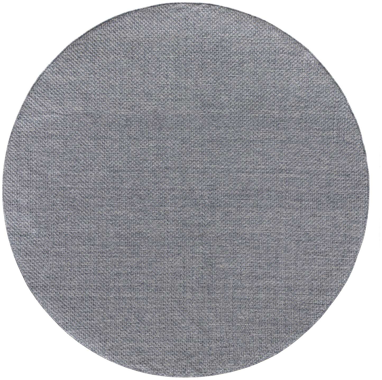 Round grey woven rug with soft texture; circular shape for modern decor.