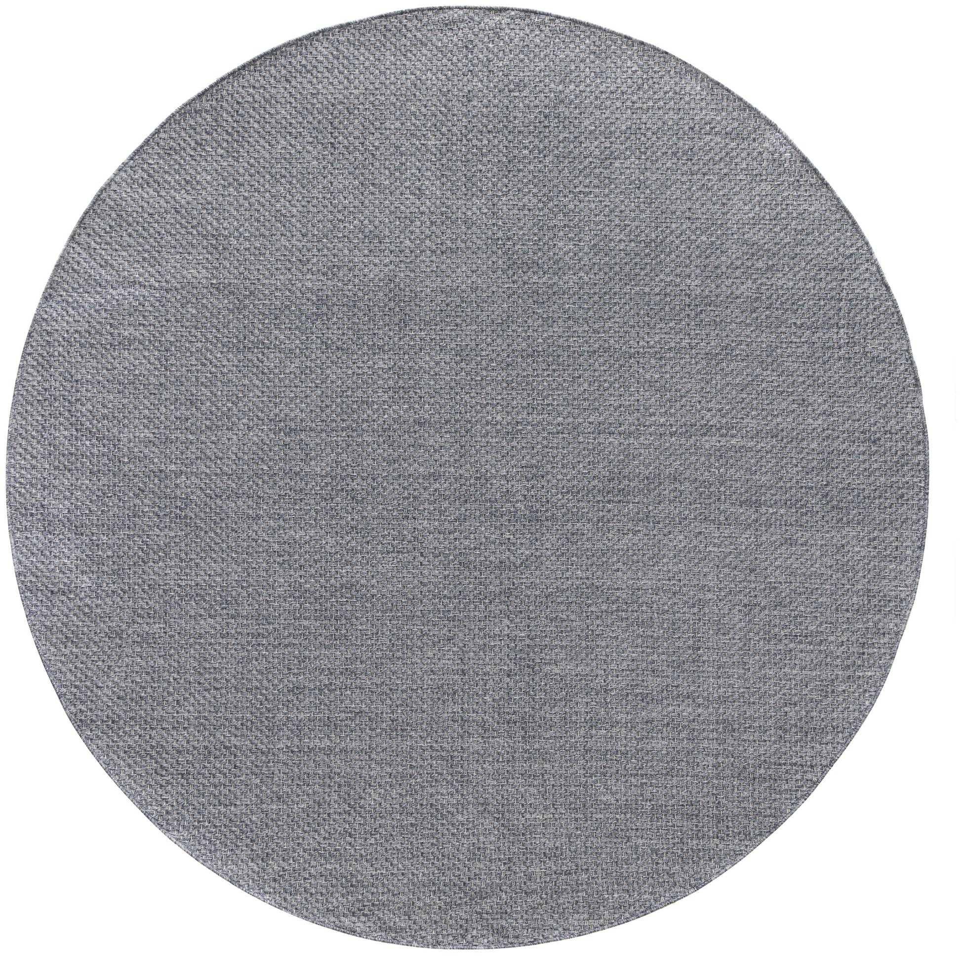 Round grey woven rug with soft texture; circular shape for modern decor.