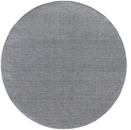 Round grey woven rug with soft texture; circular shape for modern decor.
