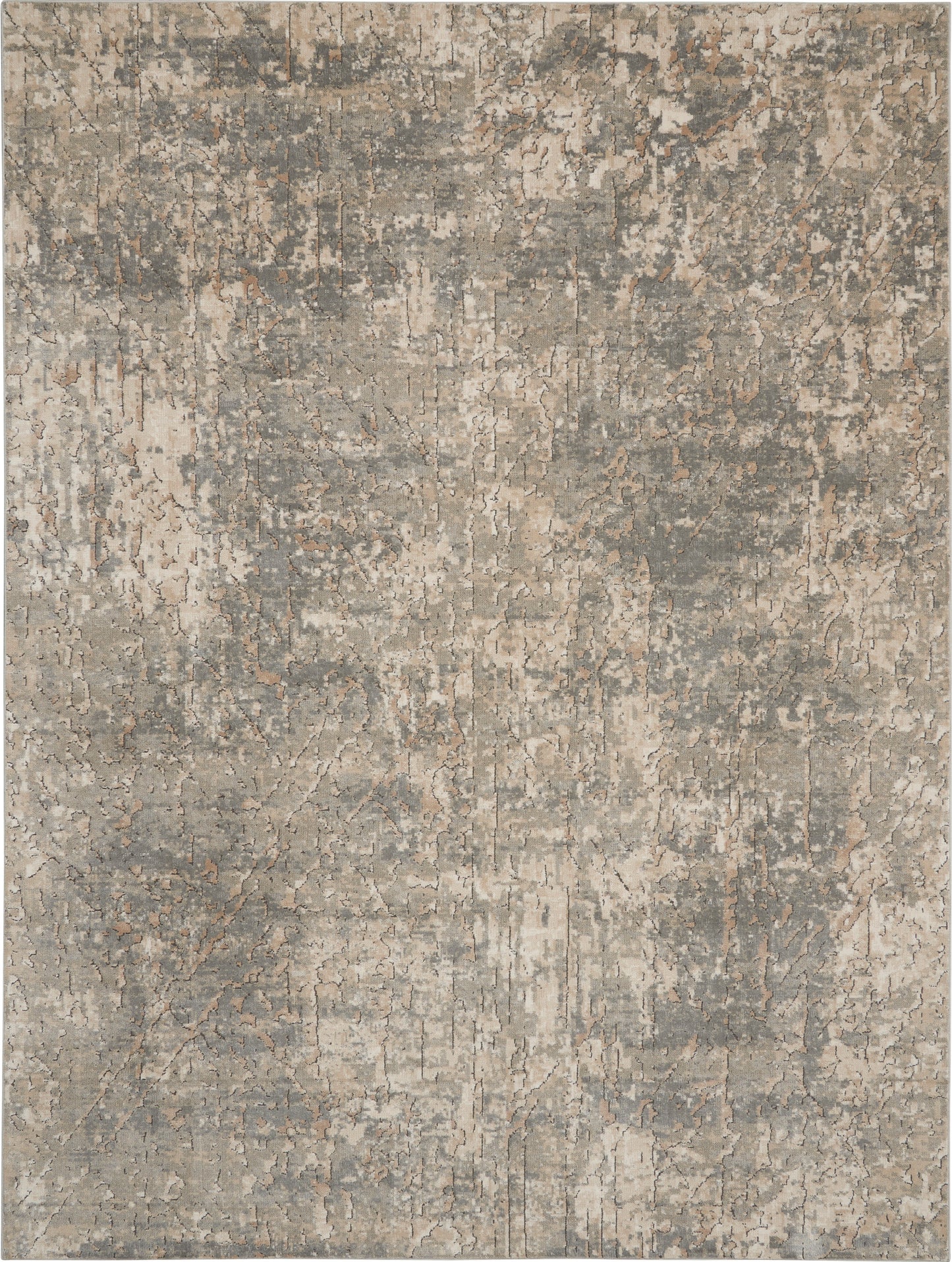 Rectangular area rug in muted taupe, gray and beige with abstract distressed pattern and modern vibe.