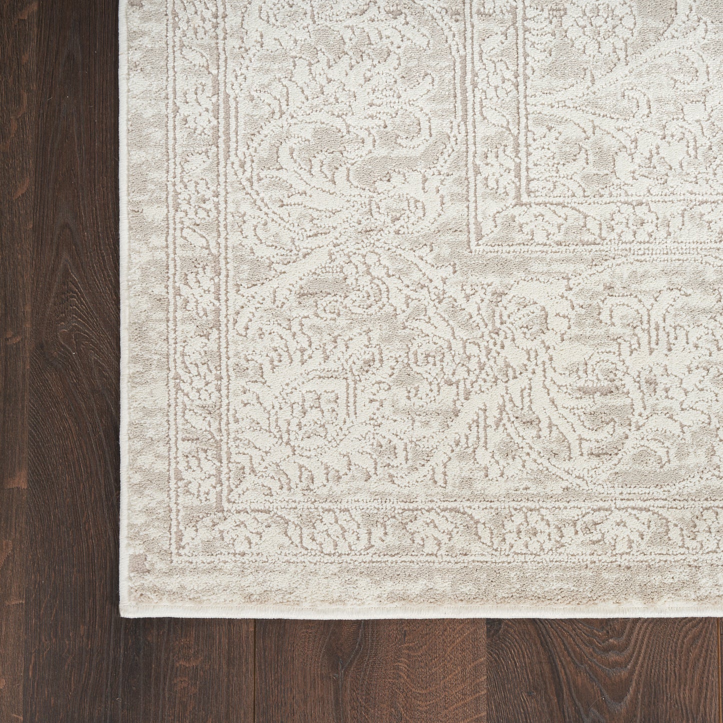 Beige traditional area rug with subtle floral motifs and decorative border on dark wooden floor.