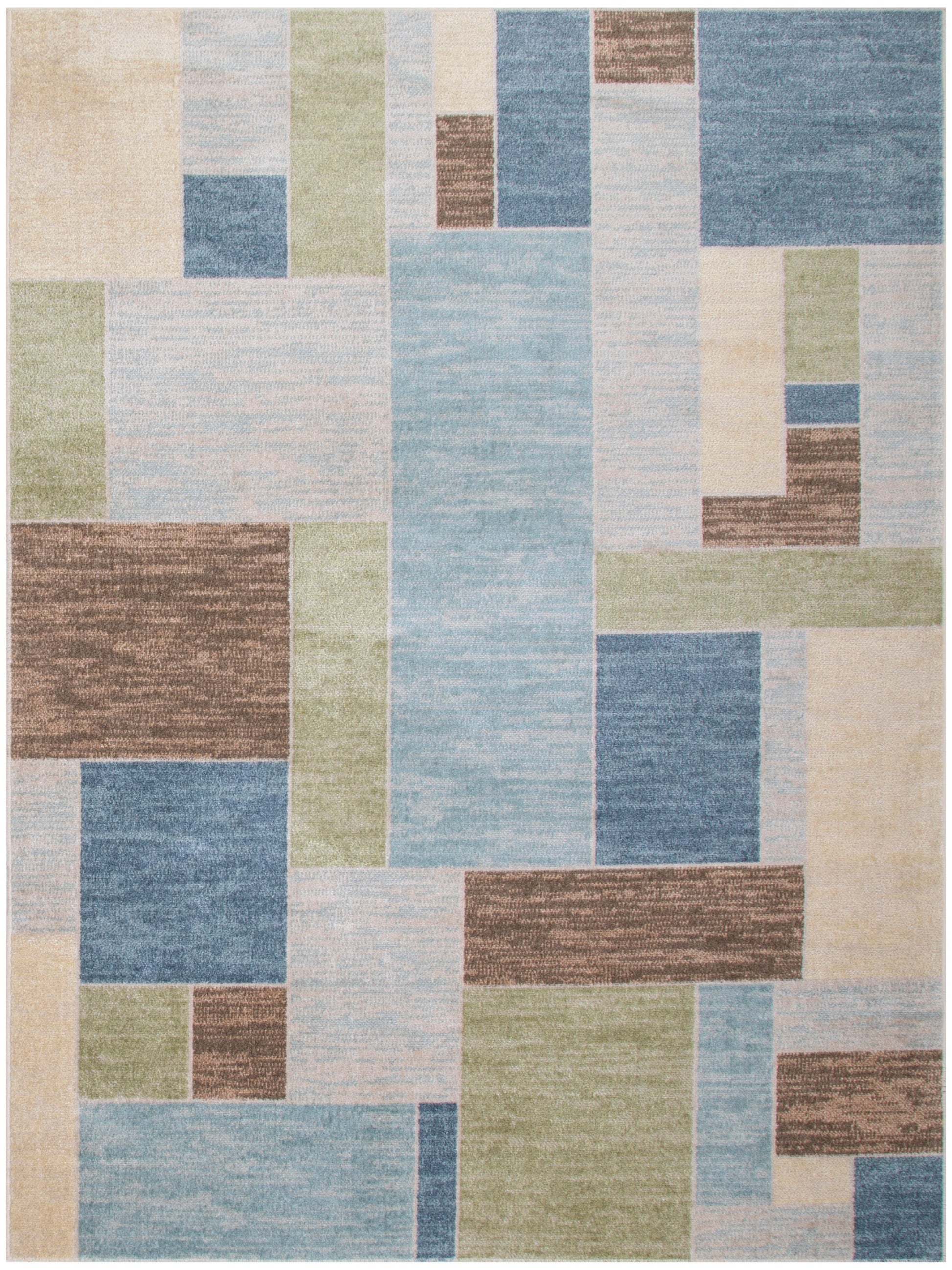 Geometric patchwork area rug with rectangular blocks in light blue, beige, sage green, cream and brown; modern decor.