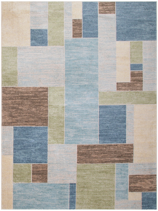 Geometric patchwork area rug with rectangular blocks in light blue, beige, sage green, cream and brown; modern decor.