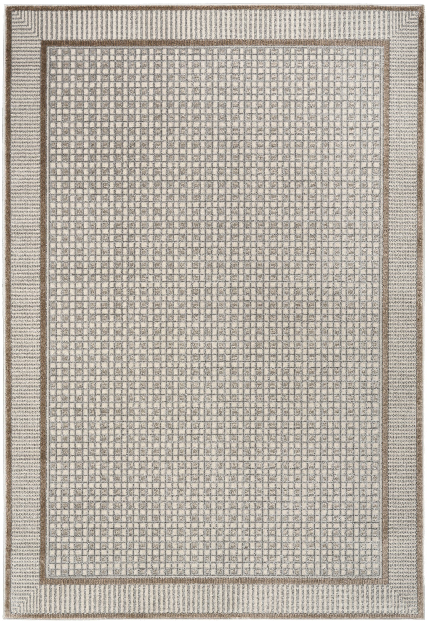 Neutral area rug with beige grid pattern & tan border; woven geometric design in cream & gray tones.
