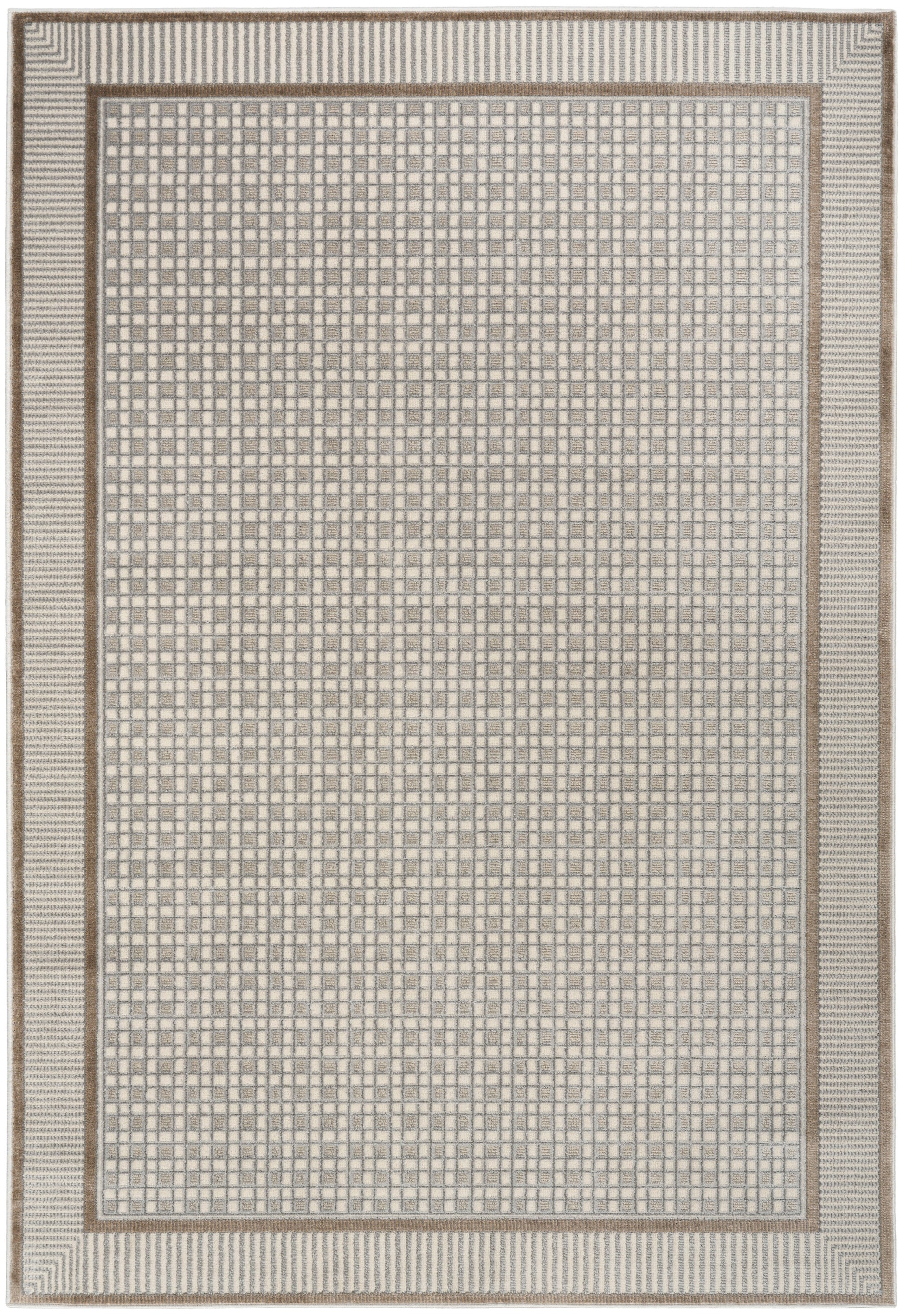 Neutral area rug with beige grid pattern & tan border; woven geometric design in cream & gray tones.