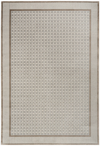 Neutral area rug with beige grid pattern & tan border; woven geometric design in cream & gray tones.