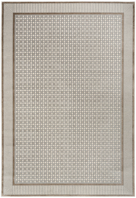 Neutral area rug with beige grid pattern & tan border; woven geometric design in cream & gray tones.