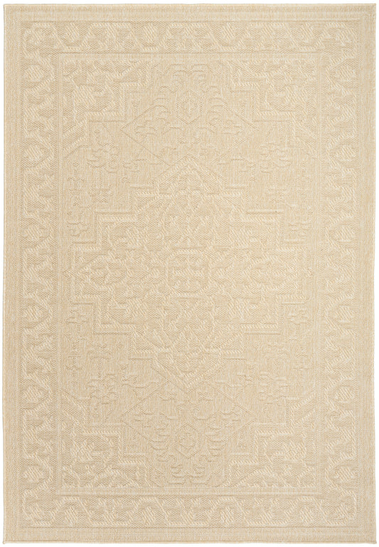 Neutral beige rug with a subtle ivory geometric floral medallion and decorative border.