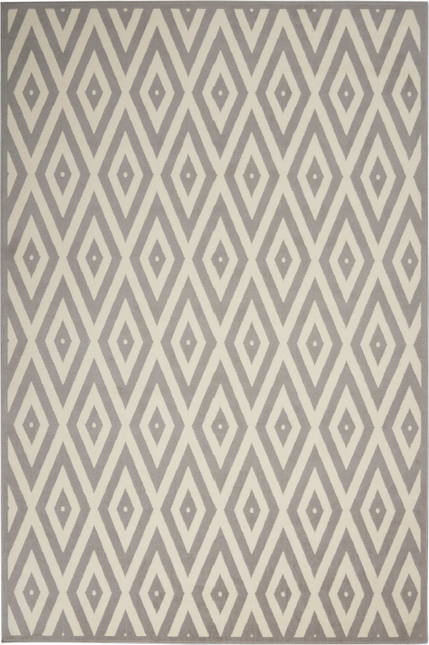 Grey and taupe rug featuring a repeating diamond lattice with small inner diamonds.