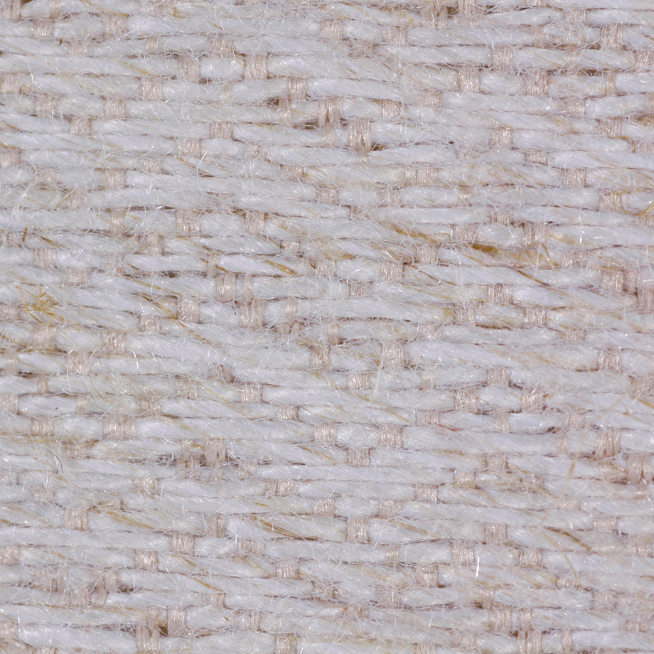 Close-up of soft beige-ivory boucle woven fabric with textured yarn fibers.