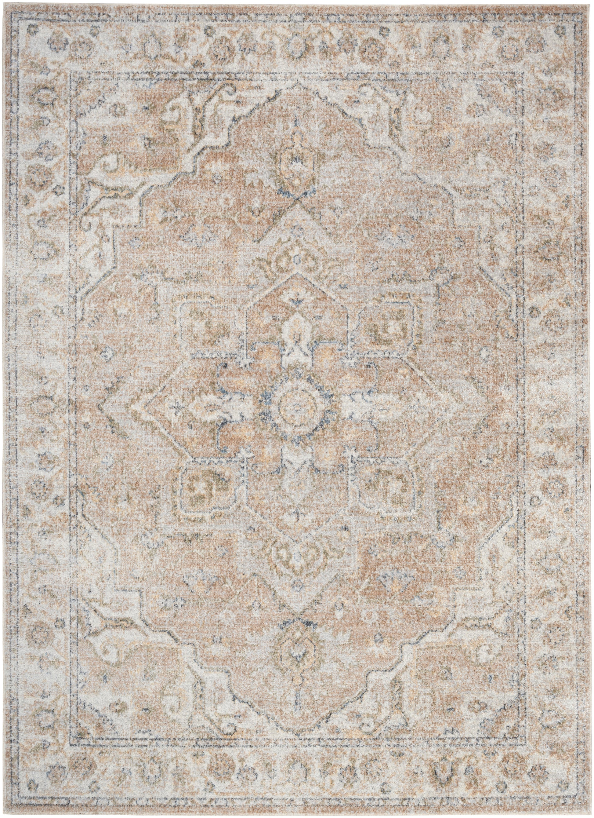 Neutral beige and ivory oriental area rug with a distressed central medallion and ornate border.