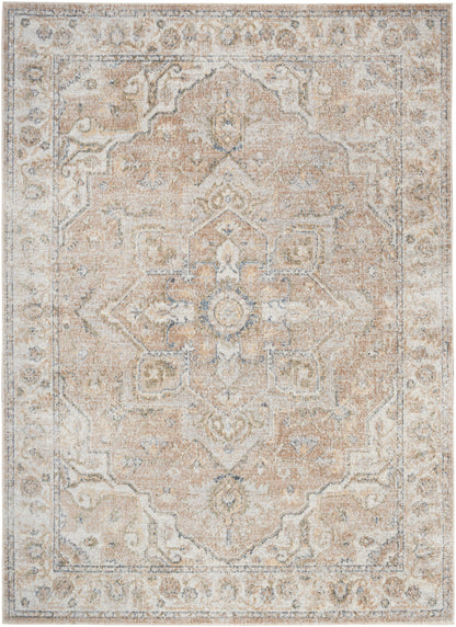 Neutral beige and ivory oriental area rug with a distressed central medallion and ornate border.