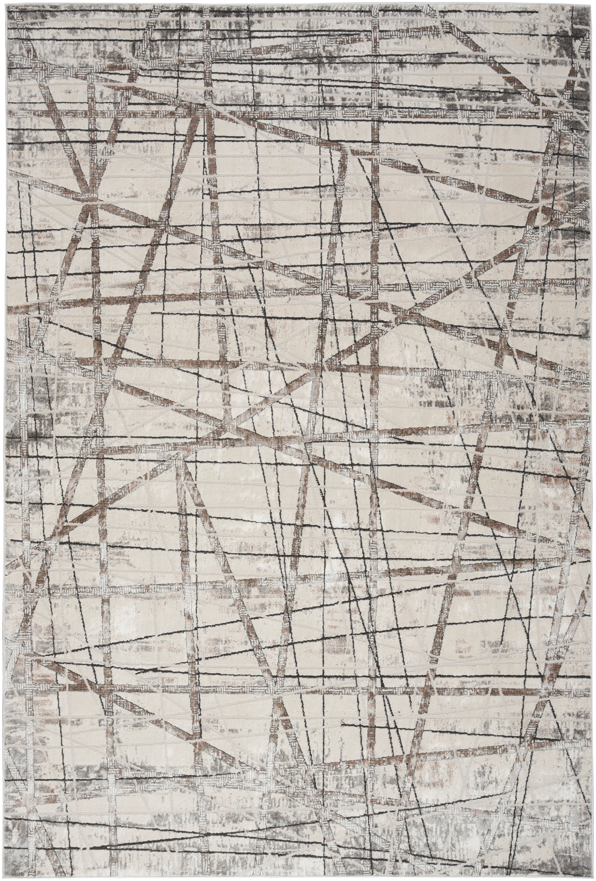 Abstract rug with cream base and taupe-brown crosshatched lines; distressed modern look.