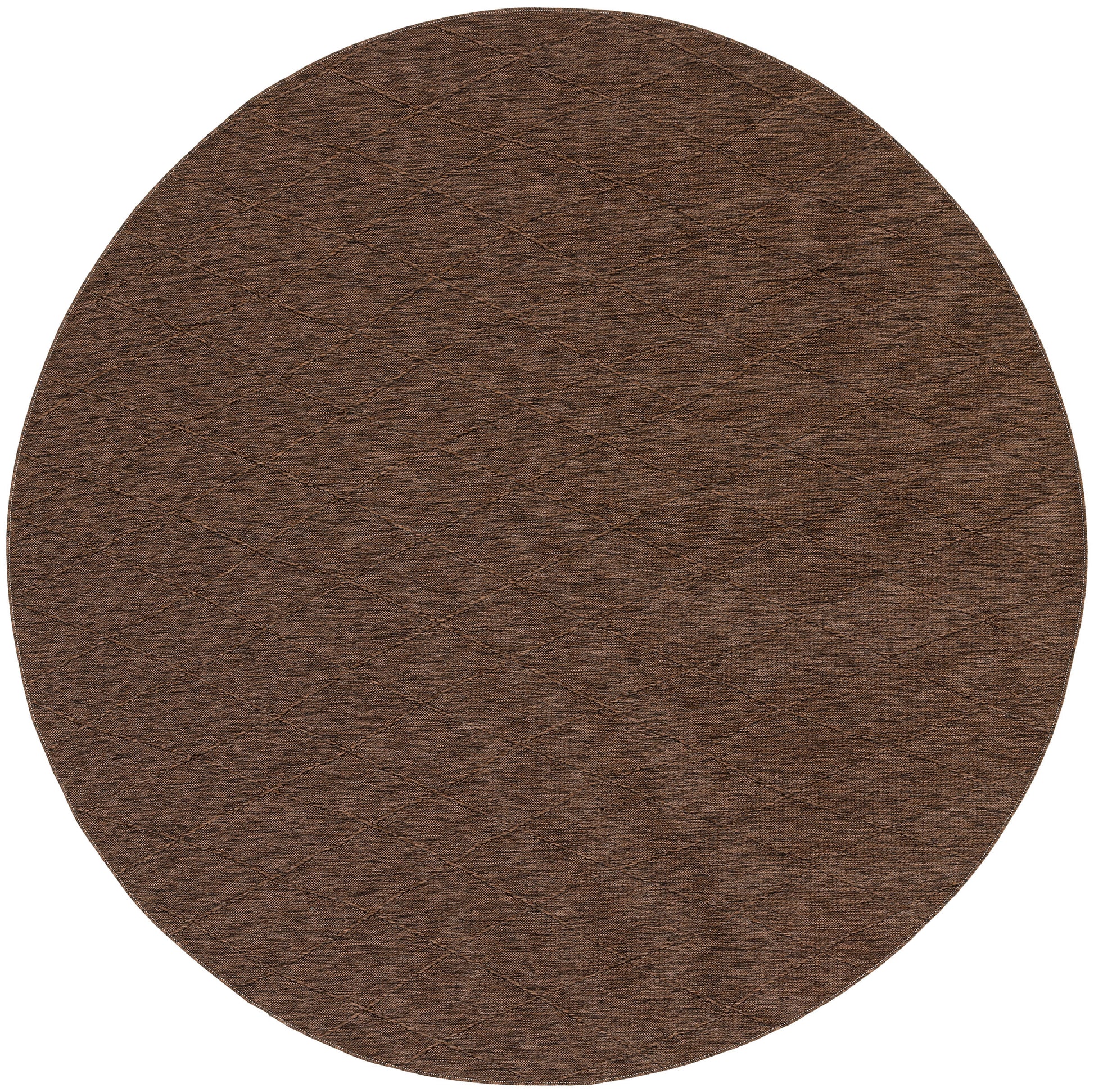 Round brown rug with subtle texture; modern design, 8 ft diameter.