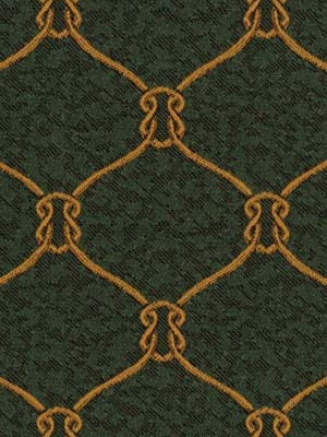Dark green fabric with orange-gold rope-link trellis pattern; damask-inspired upholstery textile for furniture or drapery.