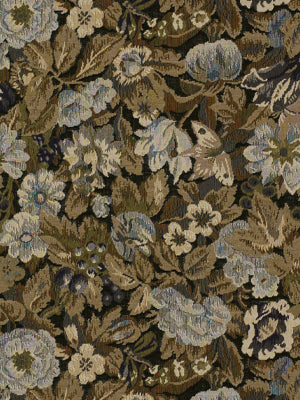 Floral tapestry upholstery fabric in earthy browns, golds and blue-gray with a dense damask/jacquard feel.