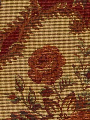 Close-up of a woven floral tapestry fabric in warm beige with burgundy flowers and green stems.