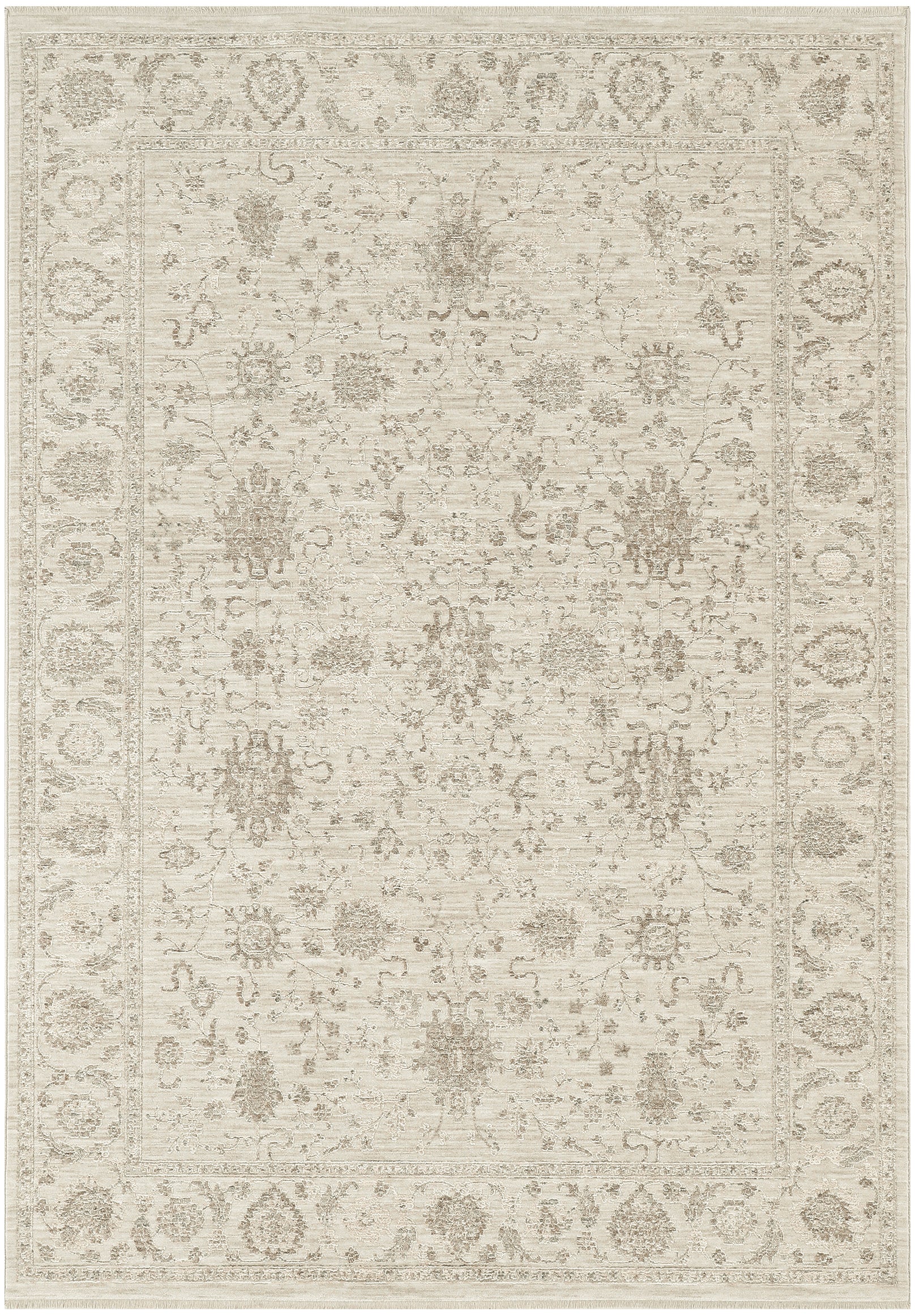 Cream and taupe oriental area rug with intricate floral medallions and decorative border.