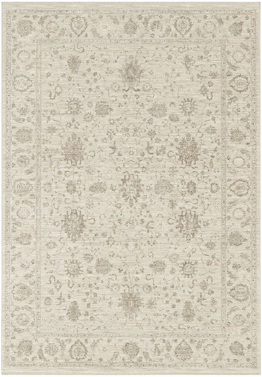Cream and taupe oriental area rug with intricate floral medallions and decorative border.