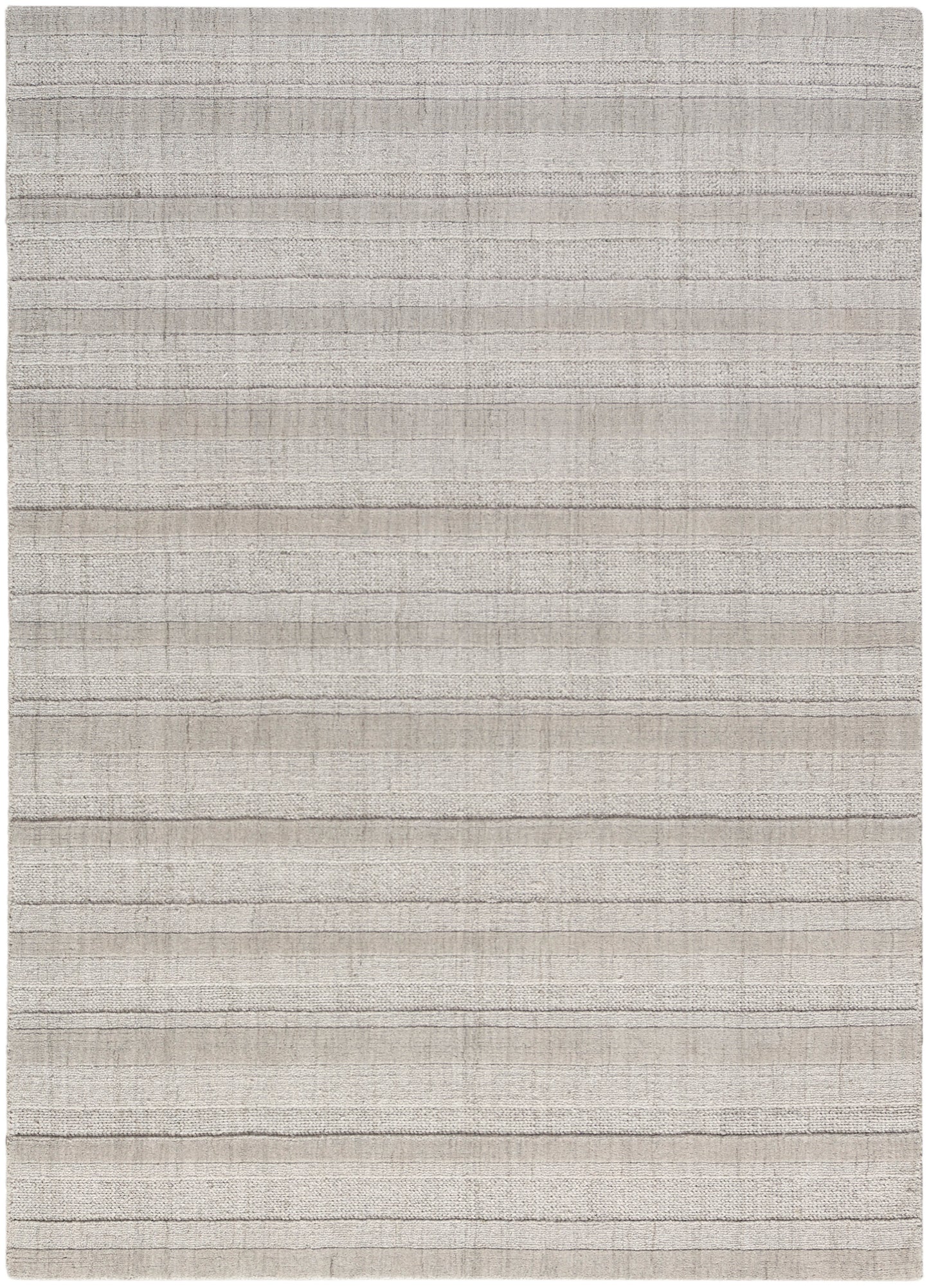 Beige-gray striped flat-weave rug with subtle tonal bands, rectangular area rug.
