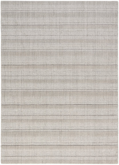 Beige-gray striped flat-weave rug with subtle tonal bands, rectangular area rug.