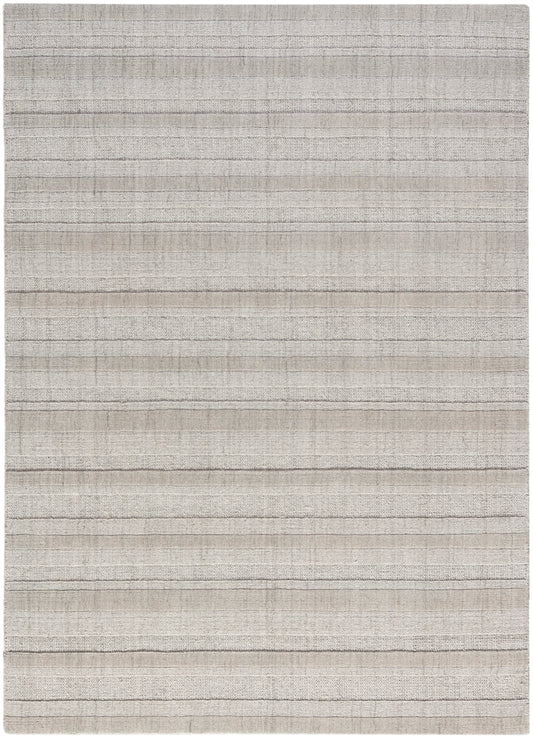 Beige-gray striped flat-weave rug with subtle tonal bands, rectangular area rug.