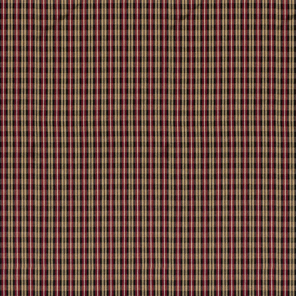 Brown, black, red and beige plaid fabric with fine checker pattern; woven, wool-like texture.