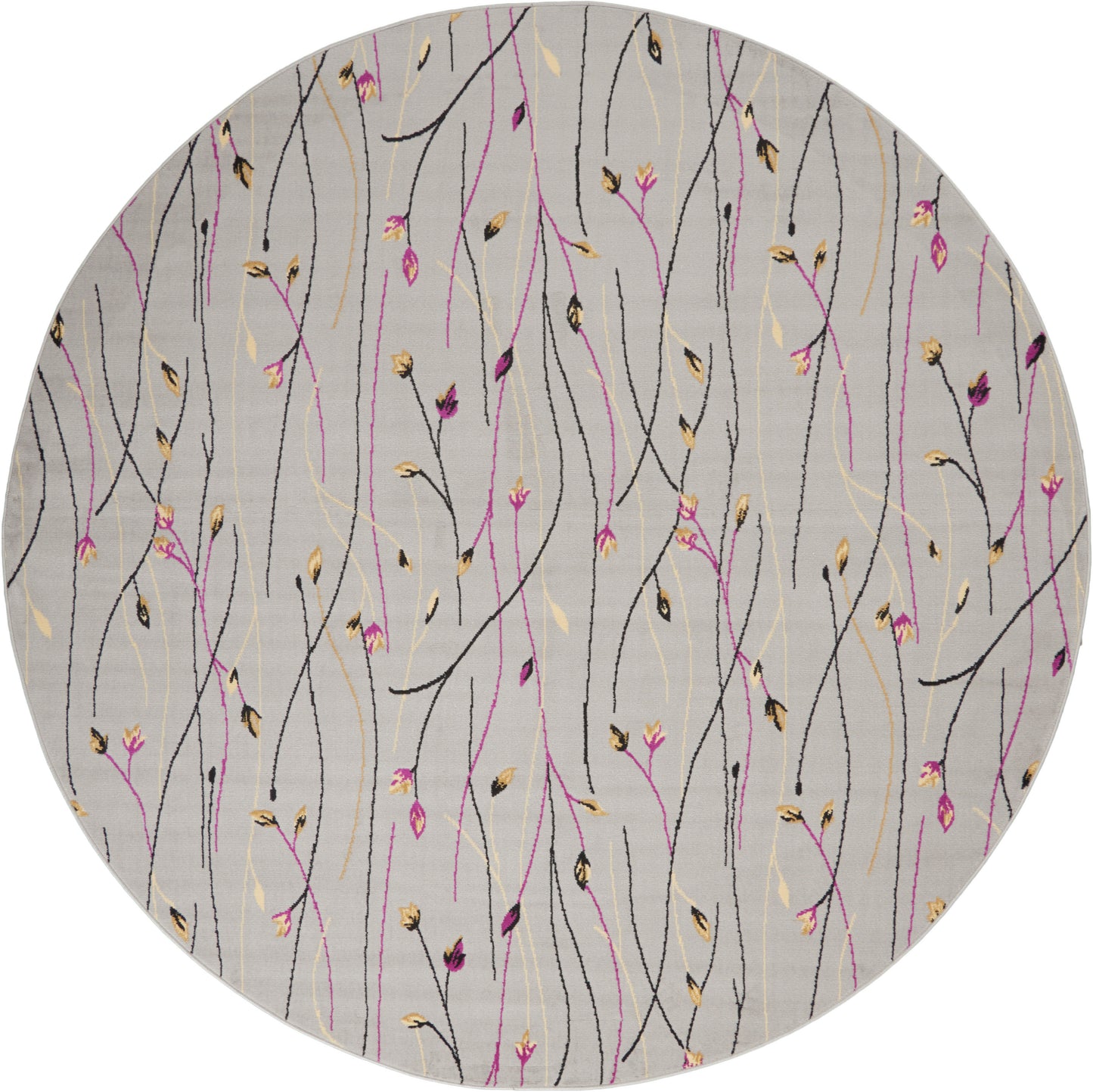 Round gray rug with abstract black, pink, and gold botanical stems and tiny buds.
