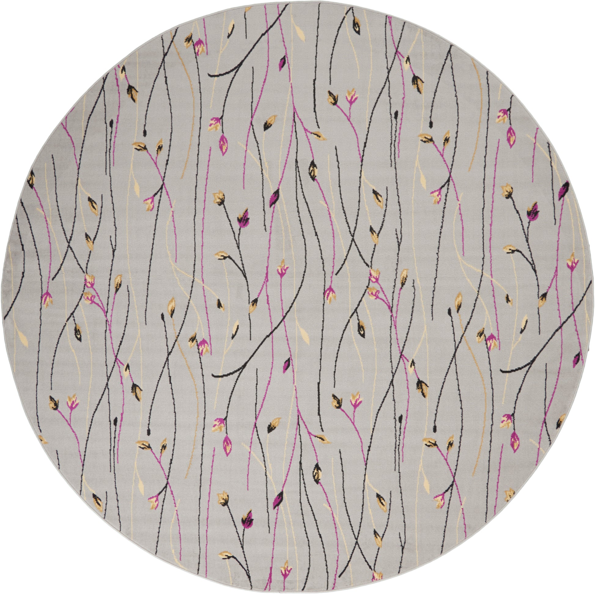 Round gray rug with abstract black, pink, and gold botanical stems and tiny buds.
