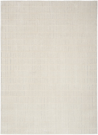 Cream textured rug with subtle pale beige grid stripes and soft woven surface.