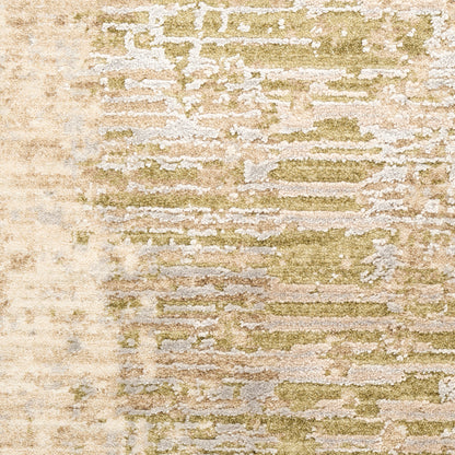 Abstract textured area rug in beige, olive & cream with a distressed linear pattern, modern style.