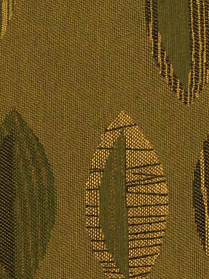 Olive-green jacquard fabric with gold leaf motifs and textured weave.